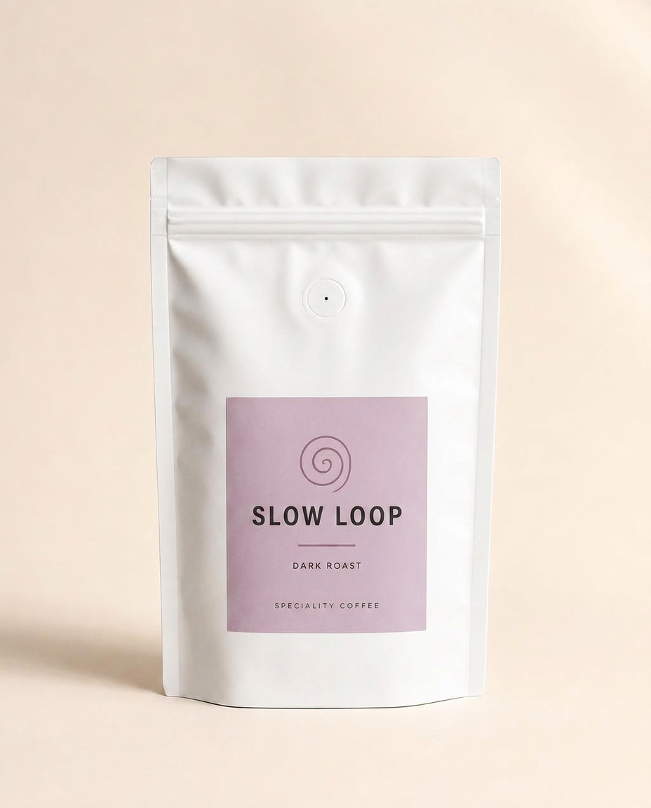 Slow Loop, medium-dark roast speciality coffee in a matte white pouch